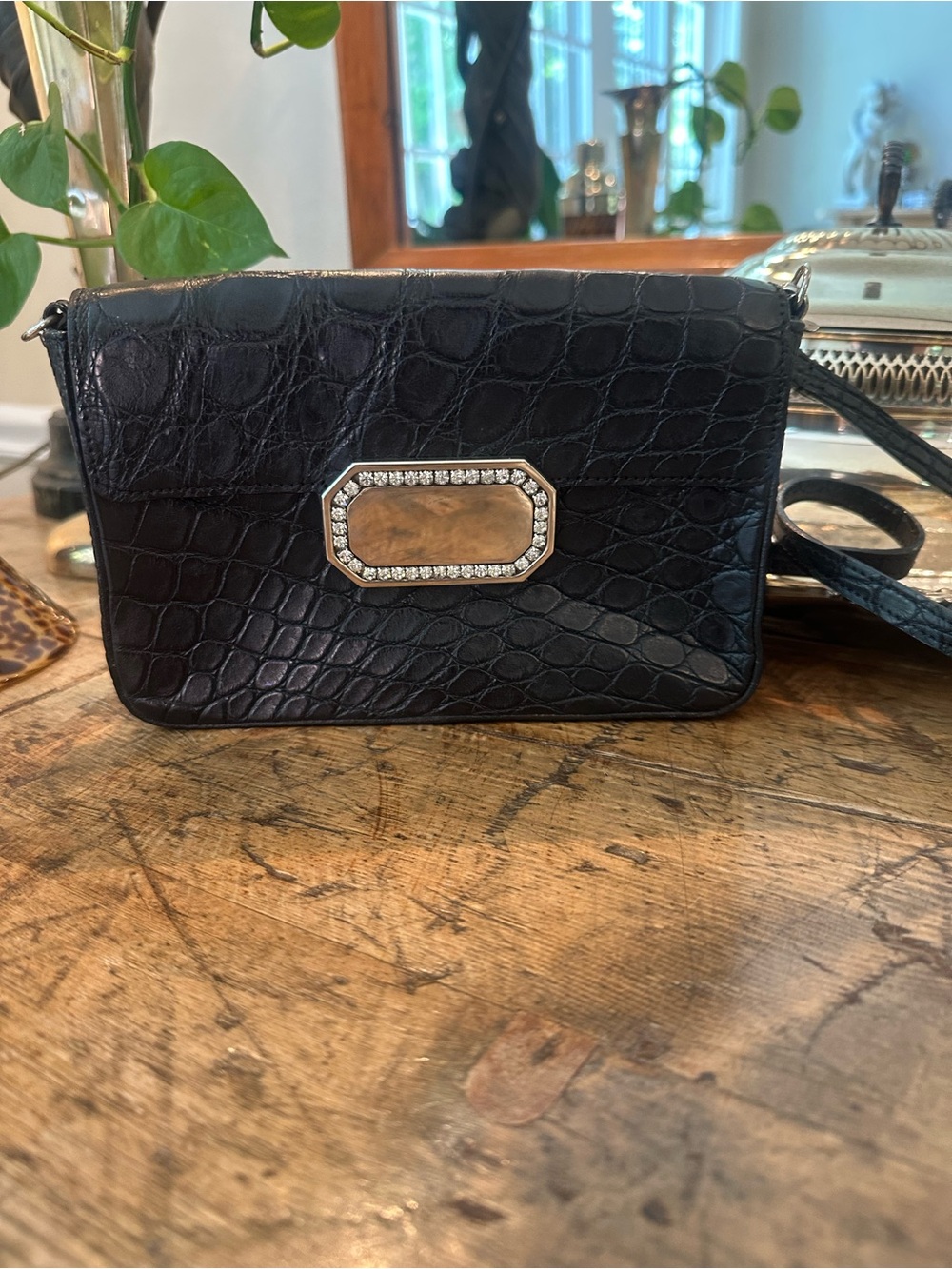 Black Alligator 🐊 Crossbody with Crystal-Trim Detail clutch or crossbody